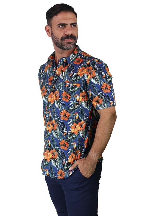 Camisa Manga Corta Estampado Tropical Slim Fit Para Caballero